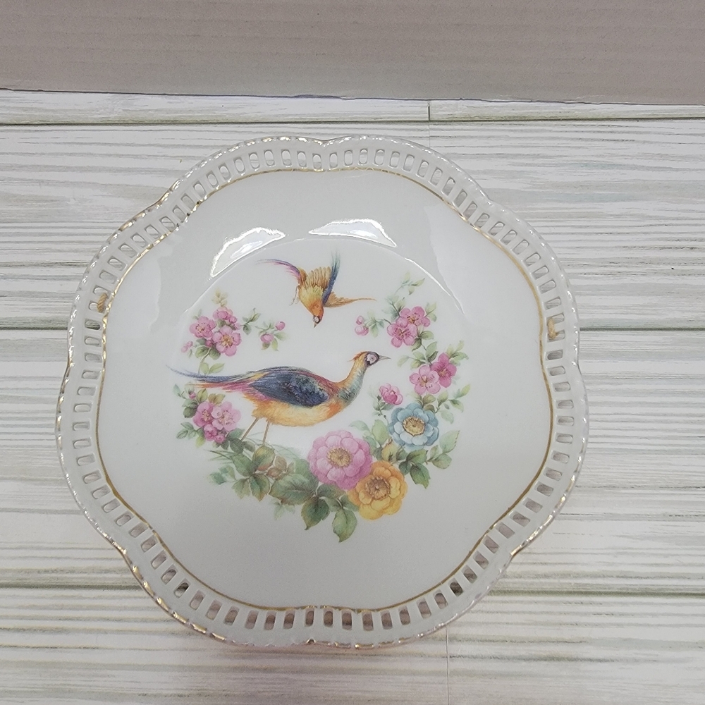Bavaria Schumann Arzberg Germany Reticulated Plate Pheasants Pink Roses  5 1/2"